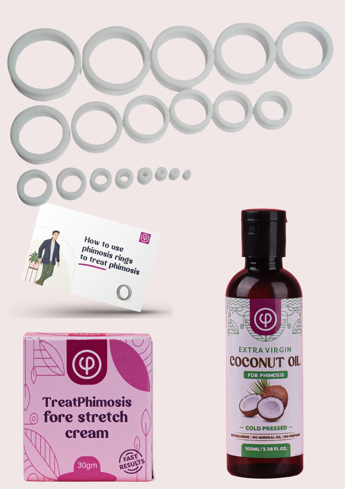 20 Phimosis Stretching Rings, Stretching Cream, Phimosis Coconut Oil, Tool and User Guide | Complete phimosis kit