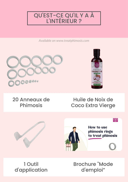 Kit d’anneaux de civière Phimosis (20 anneaux) avec huile de noix de coco extra Vierge, outil et guide de l’utilisateur