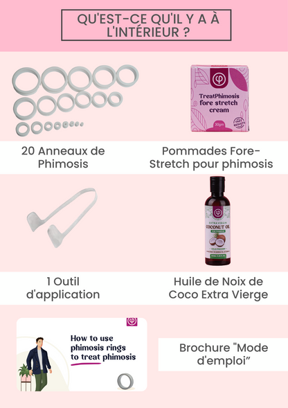 20 anneaux d'étirement Phimosis, crème pour étirement, huile de noix de coco phimosis, outil et guide d'utilisation | Kit complet de phimosis